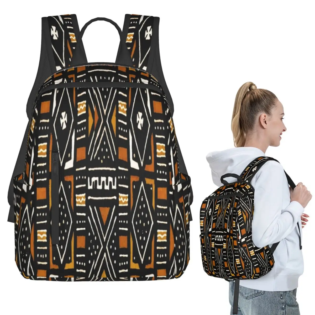 

African Bogolan Mudcloth Pattern Backpack Student BookBag Children School Bag Laptop Shoulder Bags Men Women
