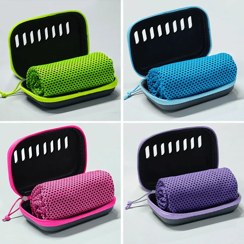 1Pc Cooling Quick‑Dry Sports Towel With EVC Storage Box Random Color Lightweight Washable Towel For Gym Hiking Camping Outdoor S