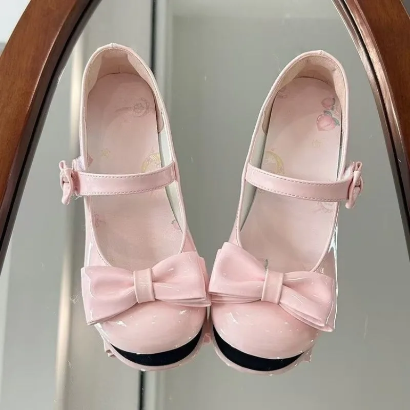 Women Sweet Pink Patent Leather Lolita Mary Jane Shoes Big Bow Decor Platform Block Heel One‑Strap Buckle Cosplay Party