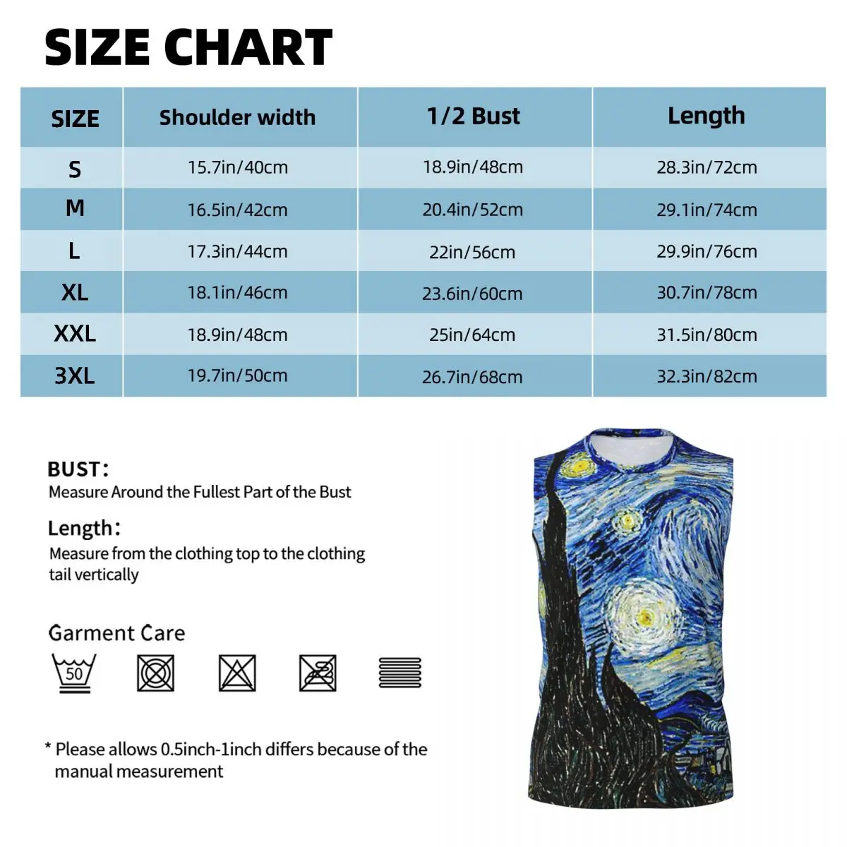 Van Gogh Men Printed Sleeveless T-shirt Casual Hip Hop Street Style Beach Holiday Tank Tops