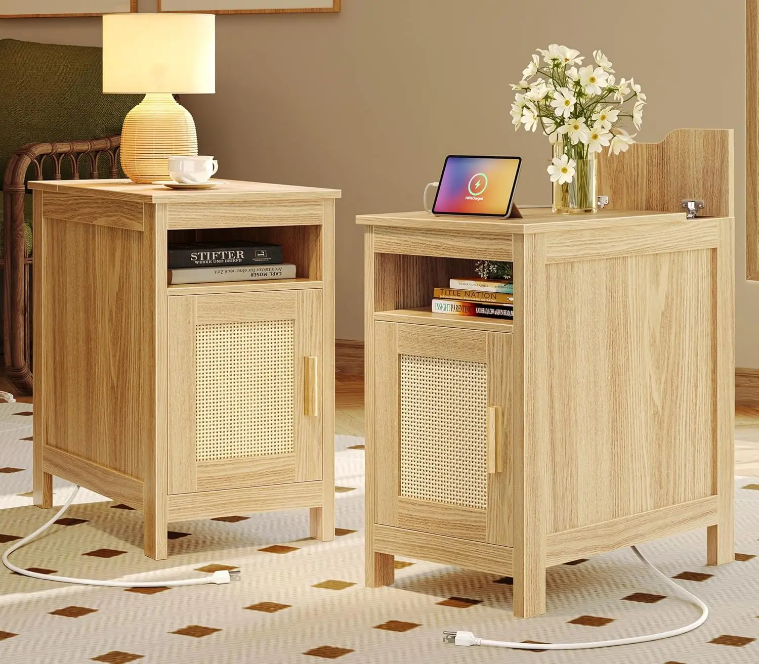 Narrow Night Stand Set of 2, End Table with Charging Station, USB-C Port, Rattan Side Table with Cabinet and Open Shelf, Synt
