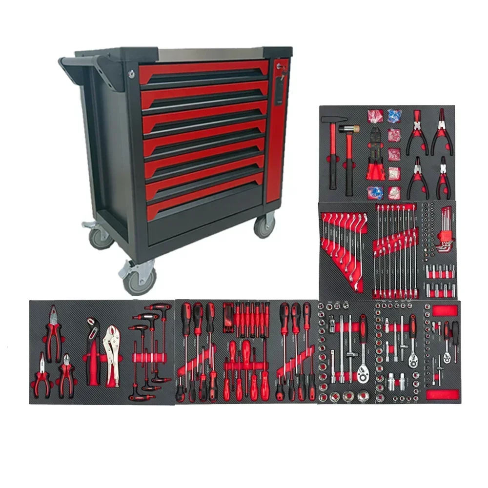 7 Drawer Tool Trolley Repair SPCC and Stainless Steel Cabinet/Chest/Box with 420 pcs Setsarage for Workshop and Home Use