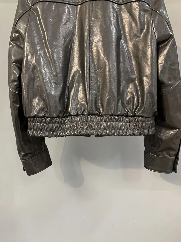 New Fashion Autumn Women Single Breasted Genuine Leather Jacket Loose Fit Oil Wax Turn Down Collar Office Lady Casual Outerwear