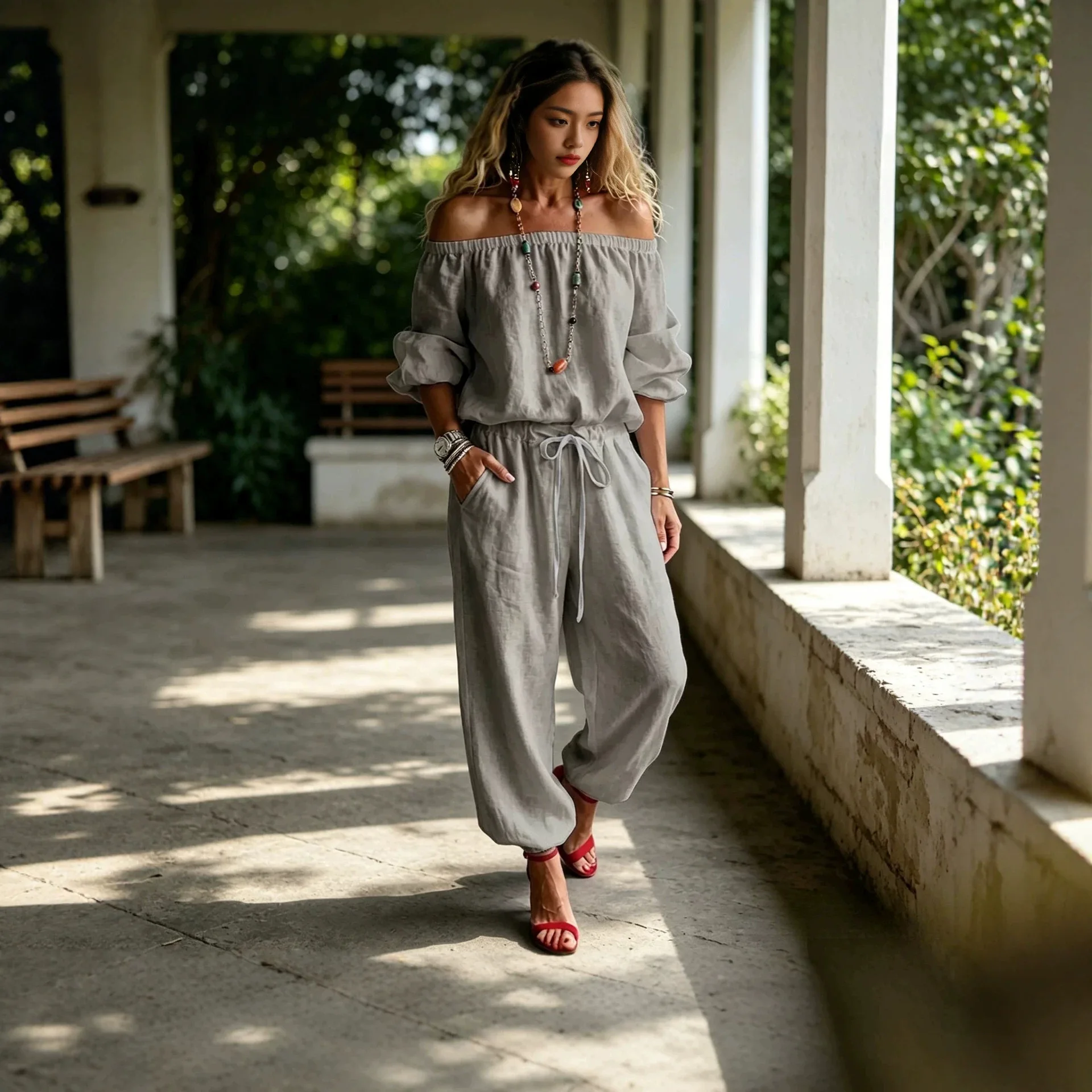 Women's Off-Shoulder Jumpsuit Backless Waist Drawstring Jogger Vacation