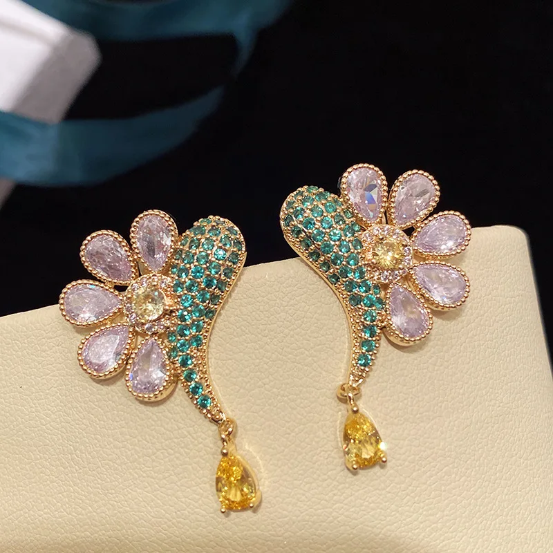 Petal flower fish-shaped silver earrings full of diamonds 925 silver needle daisy stud earrings feminine exquisite temperament