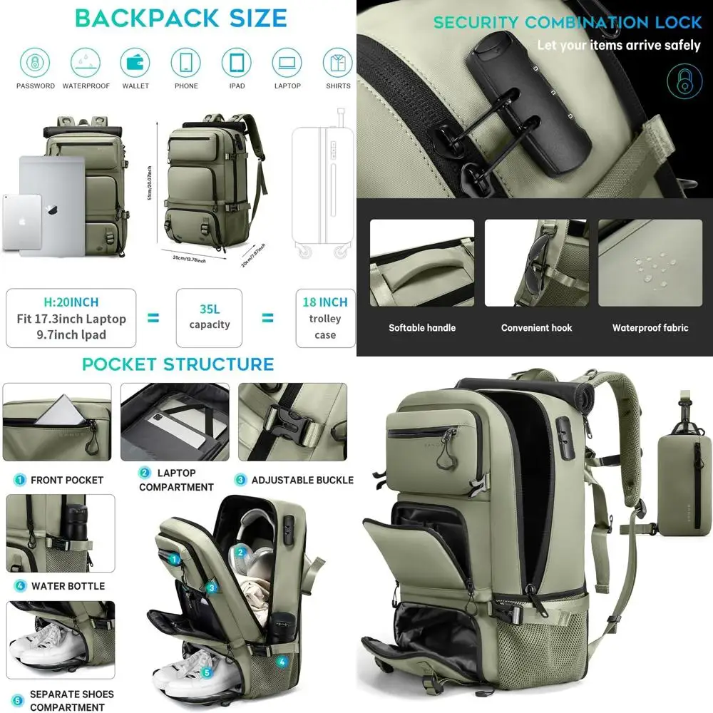 Mochila de Viagem, Mochila de Mão para Viagens ou para Mulheres e Homens, Leve, Aprovada para Viagens de Negócios, Mochila Impermeável para Fins de Semana (Verde)