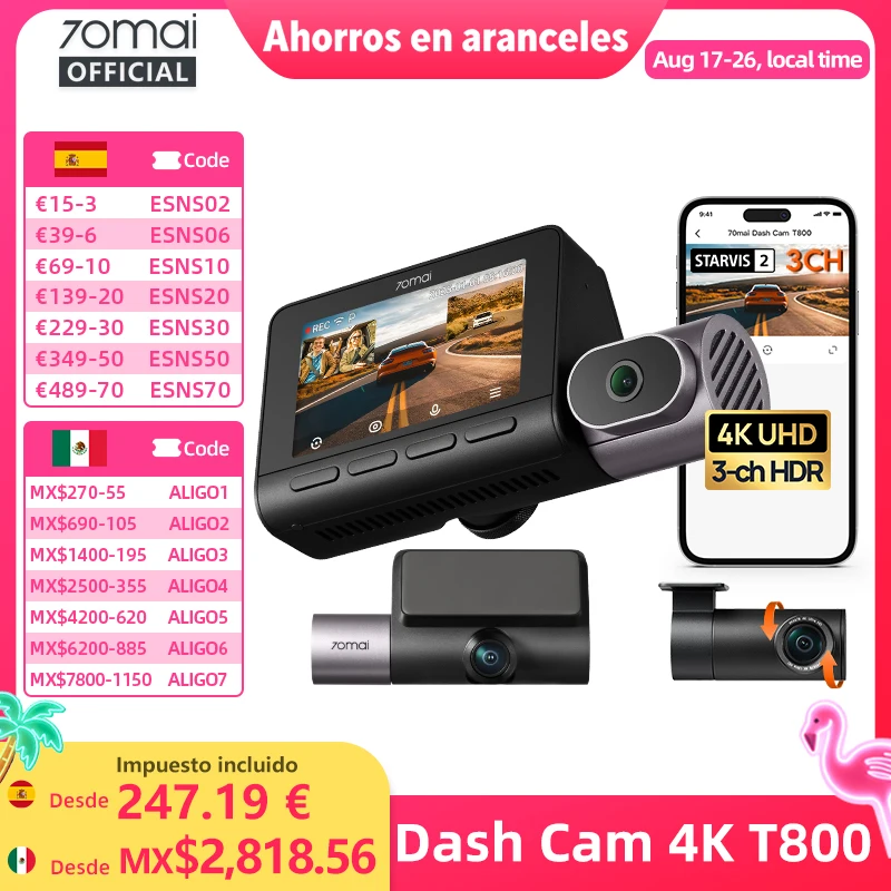 Imagen de 70mai 4K T800 Cámara de salpicadero de 3 canales, frontal, trasera e interior, triple HDR, supercondensador, GPS y ADAS integrados, Guardian de Estacionamiento 24H, 4G LTE