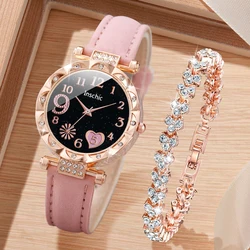 2PCS/Set Fashion Heart Dial Women's Watches Leather Band Quartz Watch Rhinestone Bracelet Set
