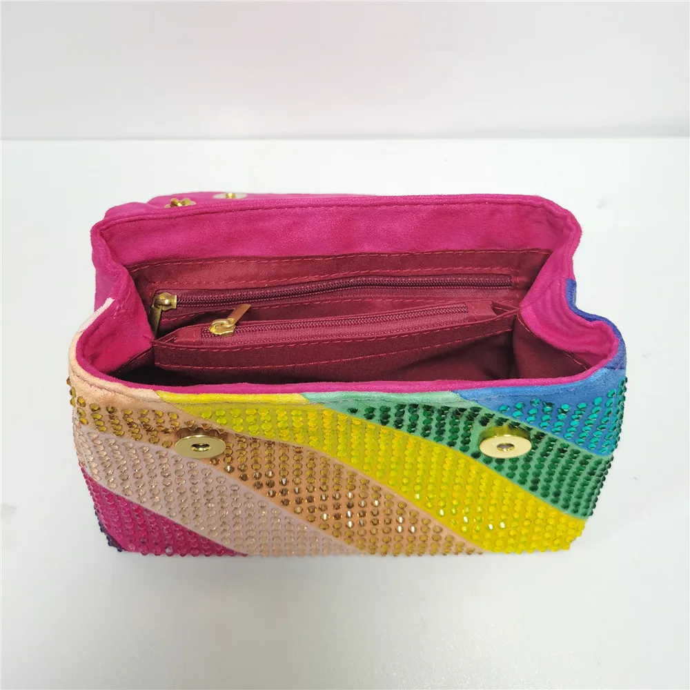 Arco-íris camurça bolsa feminina jointing colorido cruz corpo saco retalhos pedra bolsa