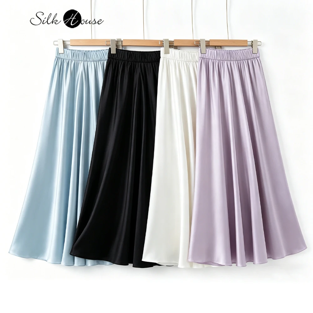 

Women's Casual Summer New Slant Cut 100% Natural Mulberry Silk Satin Elastic Waist Solid Color Temperament Big Swing Skirt