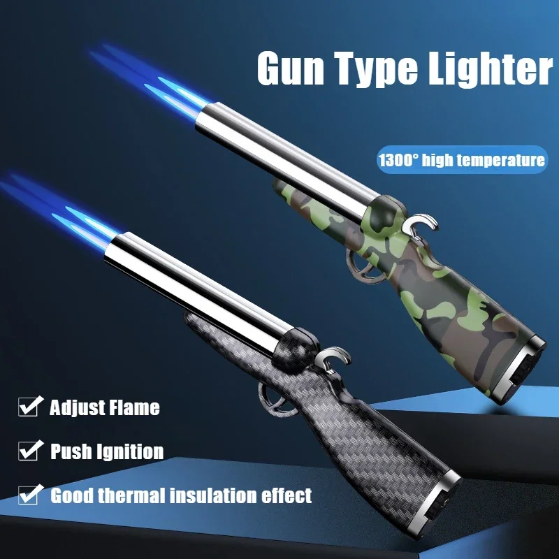 New Gun Type Wood Grain Double Barrel Lighter Double Direct Flush Windproof Inflatable Cigarette Lighters & Smoking Accessories