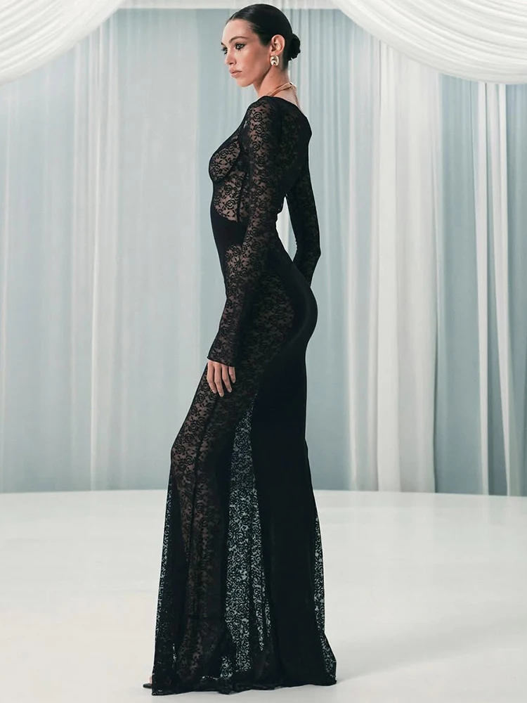 เดรสยาวซีทรูเซ็กซี่แบบมีลูกไม้ โมซิชั่น สำหรับผู้หญิง ดีไซน์หรูหรา ผ้าซีทรูแต่งผ้าต่อกัน คอวี แขนยาว ทรงเข้ารูป เหมาะสำหรับงานปาร์ตี้และคลับ