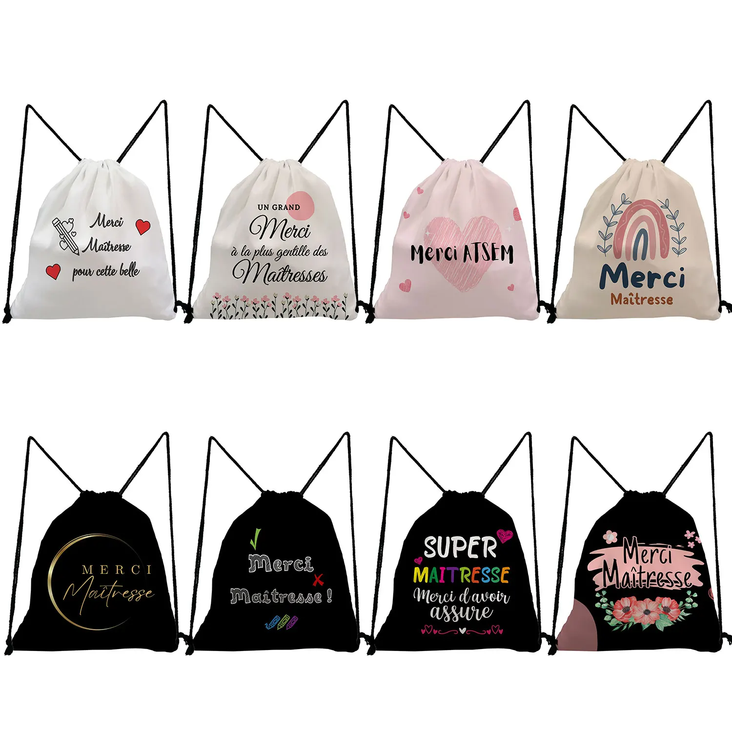 

Shoe Bag to School Portable Softback Bag High Quality Drawstring Pocket Teacher Gift Women Backpack Merci Maîtresse Letter Print