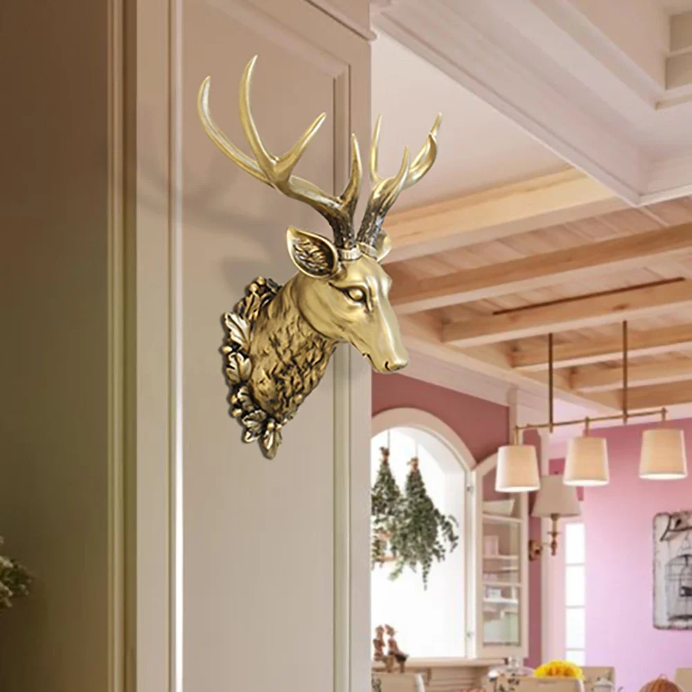 Large Size Deer Head Home Wall Mounted Christmas Decoration Retro Deer Antler Statue Living Room Entrance Animal Head Wall Decor