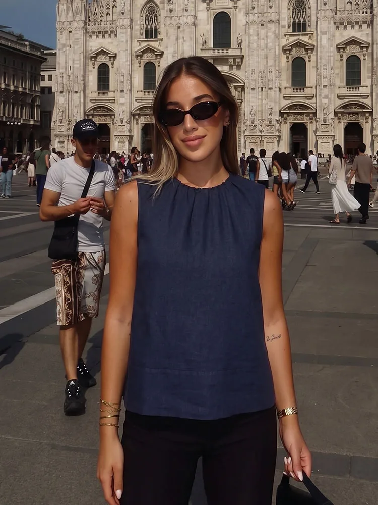 HH French Chic Sleeveless Swing Top Gathered Round Neck Back Keyhole Loose A Line Blouse Summer Beach Picnic Vacation Wear