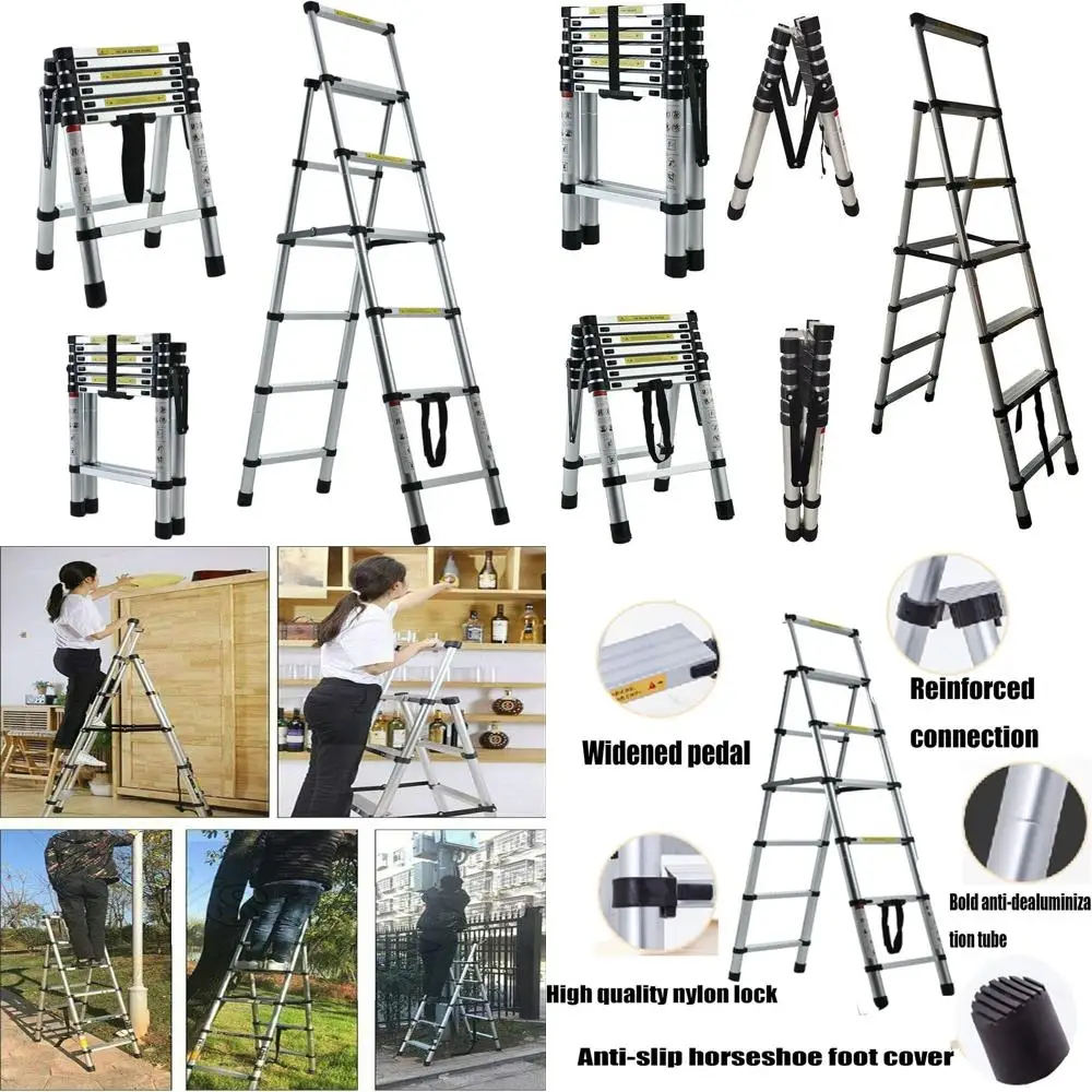 

Пятисекционная выдвижная лестница с нагрузкой до 150 кг, широкими ступенями и удобным хранением