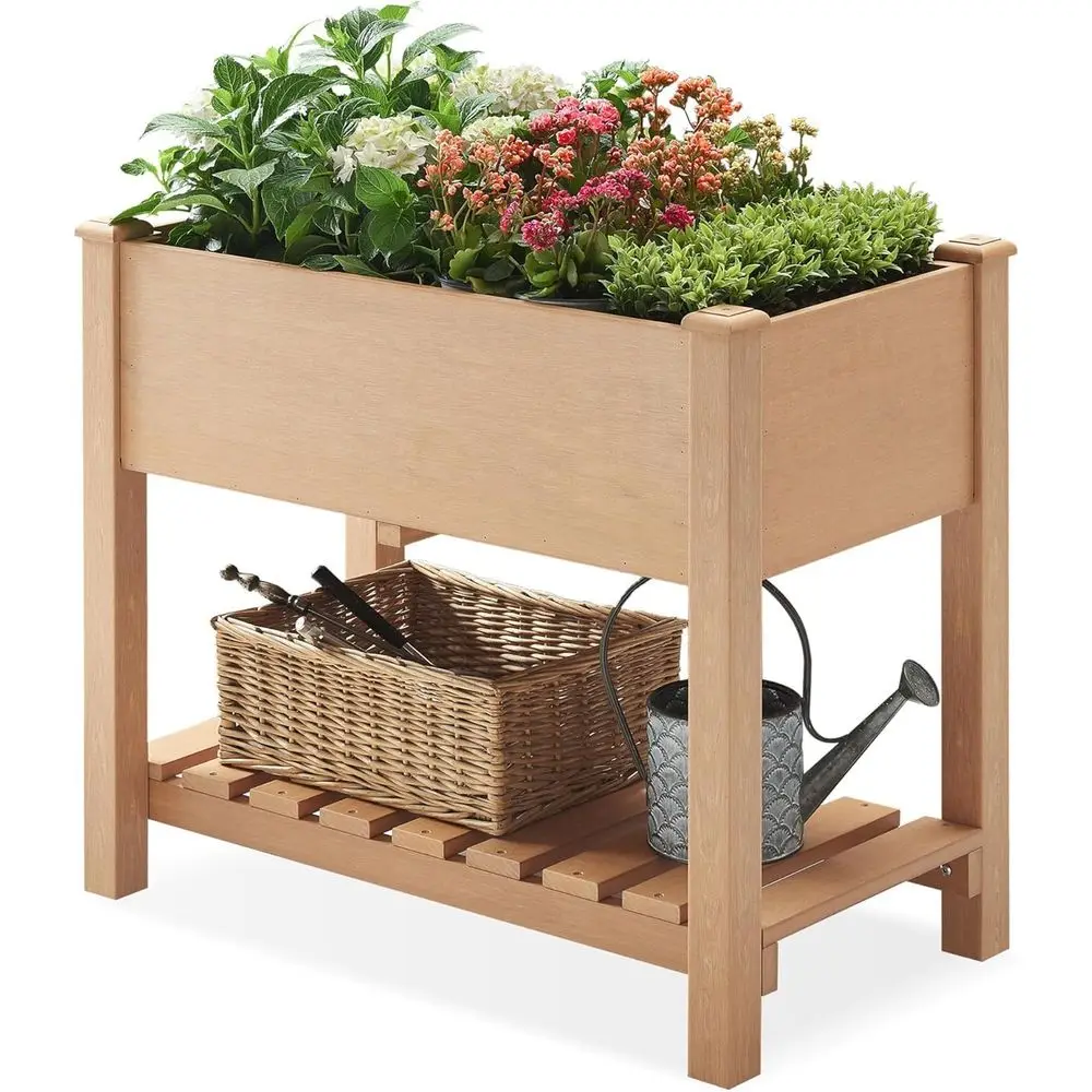 

Raised Garden Bed Outdoor Poly Lumber with Storage and Tarps, 350 lbs Capacity, Ideal for Balcony and Porch, Natural Finish