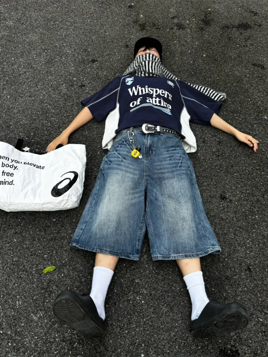 

New Spring Summer Men's Loose Straight Leg Jeans Washed out Thunder Pattern 7/8 Length Casual Fashion Shorts Trendy Youthwear