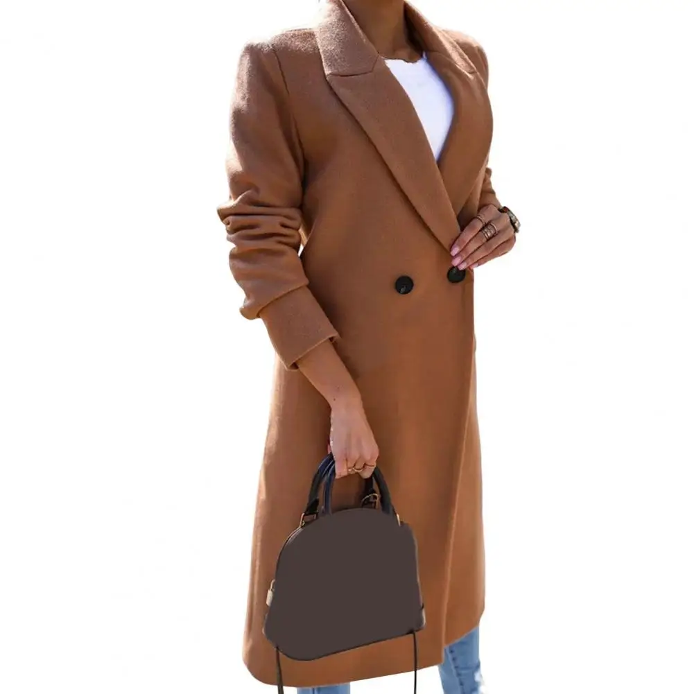 Loose Women Long Jacket Coat Double Buttons Solid Color Thick Warm Split Midi Length Overcoat Lady Elegant