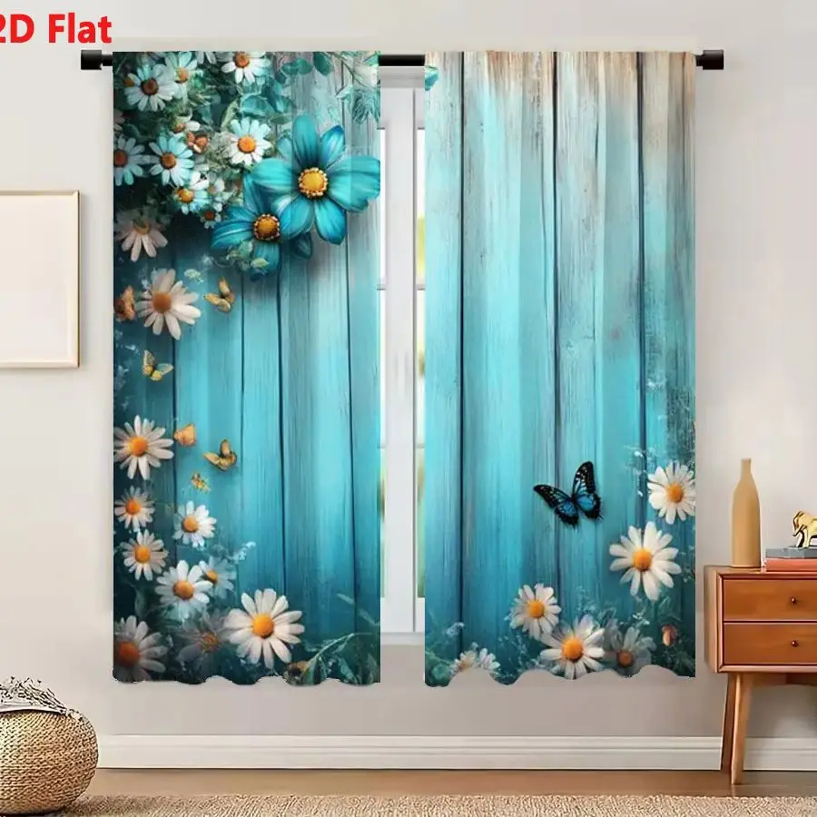 2Pcs Curtains 2D Flat Whimsical Floral Decorative Scene With Vertical Light Blue Wooden Planks Background White Daisies Yellow C