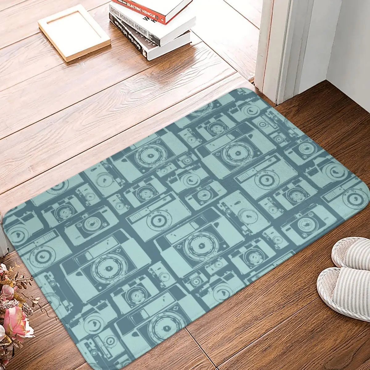 Vintage Camera Pattern In Blue Colors Doormat Anti-skid Super Absorbent Bath Mats Home Entrance Rugs Carpet Outdoor Footpad