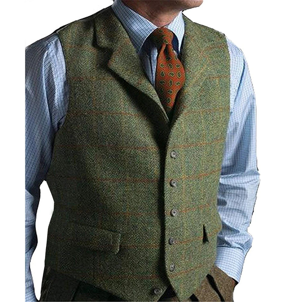 Plaid Men's Leisure Suit Vest Woolen Slim Fit Business Waistcoat Steampunk Vests Fake Two Piece Vest Groomsmen For Wedding