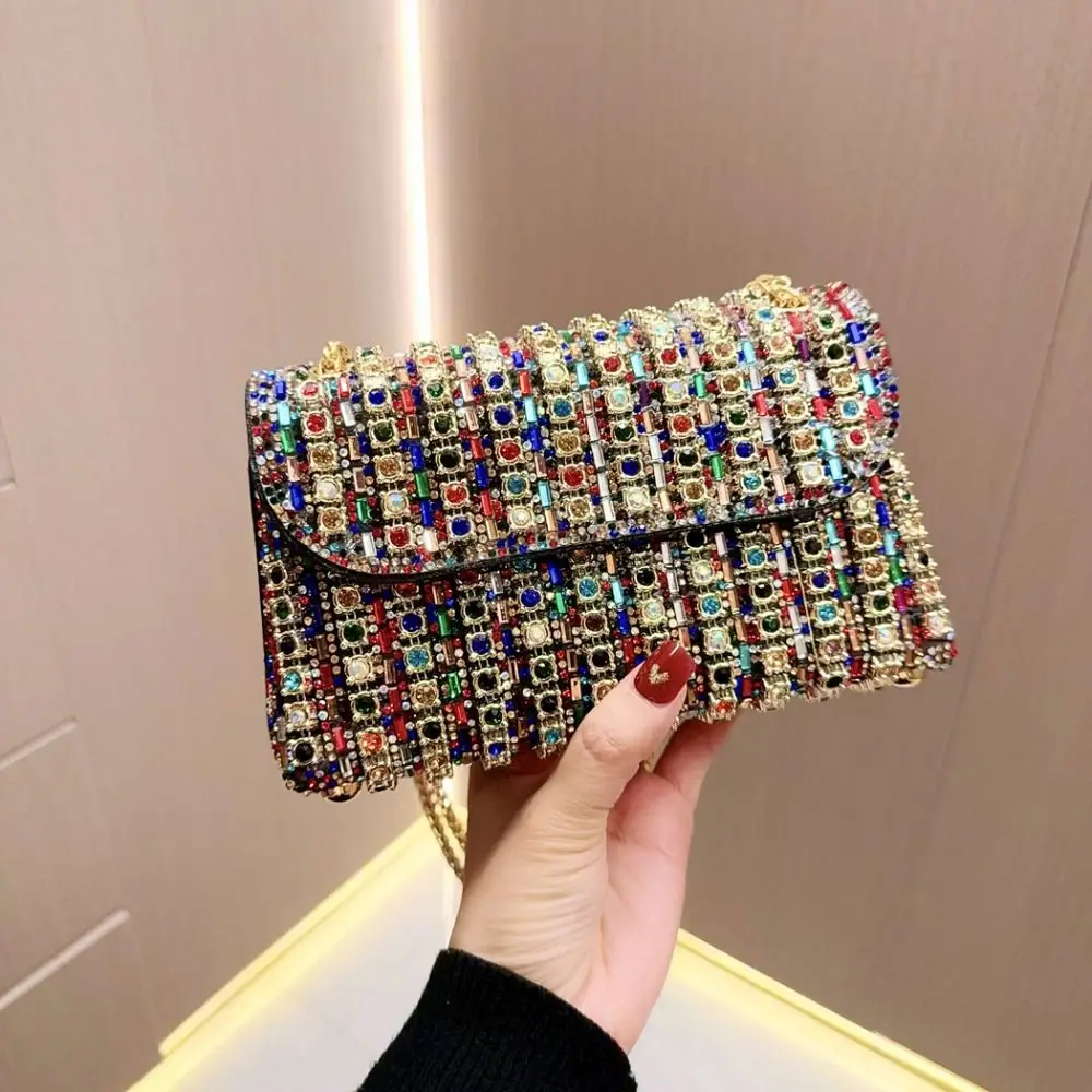 Borsa per banchetti con Design a diamante borsa per la cena multicolore con catena per il tempo libero borsa a mano in Pu + poliestere Socialite