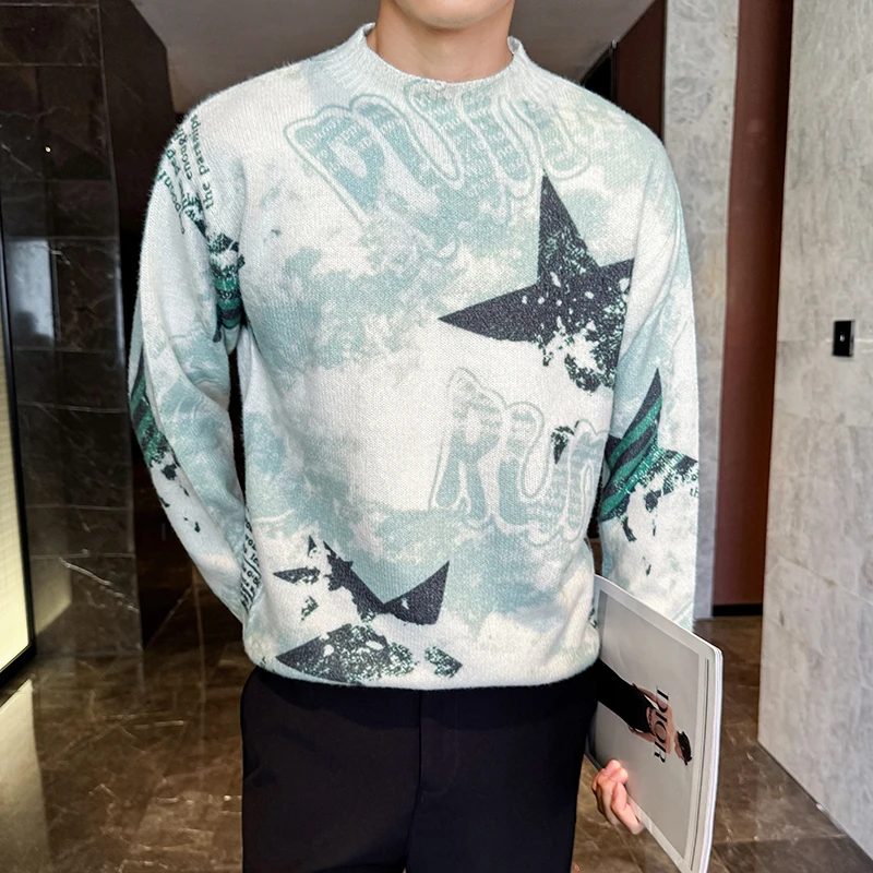 

Pull Homme Korean Fashion Printed Man Clothes All Match Soft and Comfortable Winter Long Sleeve Sweaters For Men Knitwear Slim