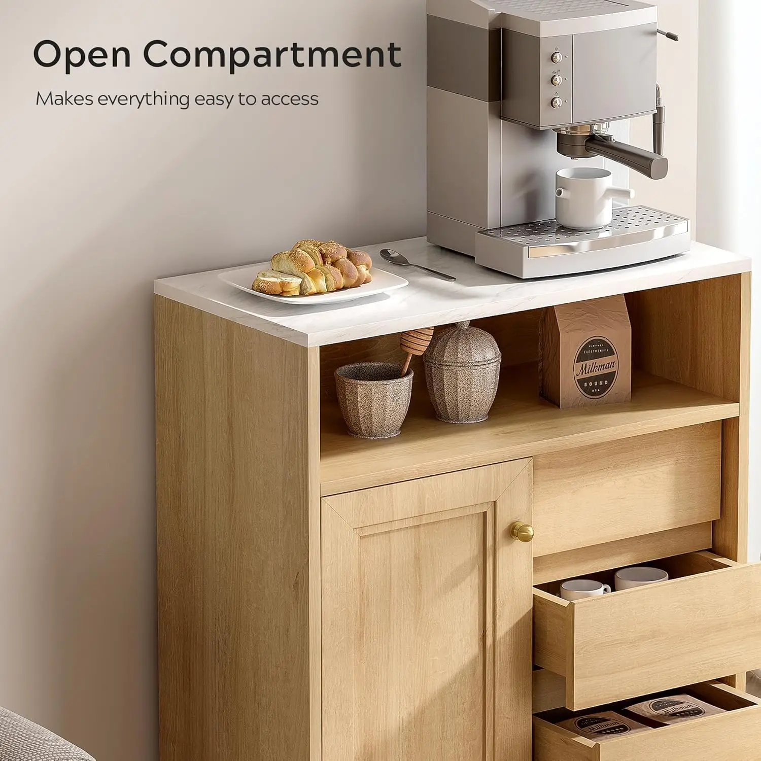 Porta deslizante Accent Storage Cabinet com compartimento aberto, organizador autônomo, conjunto de 2, 3 gavetas