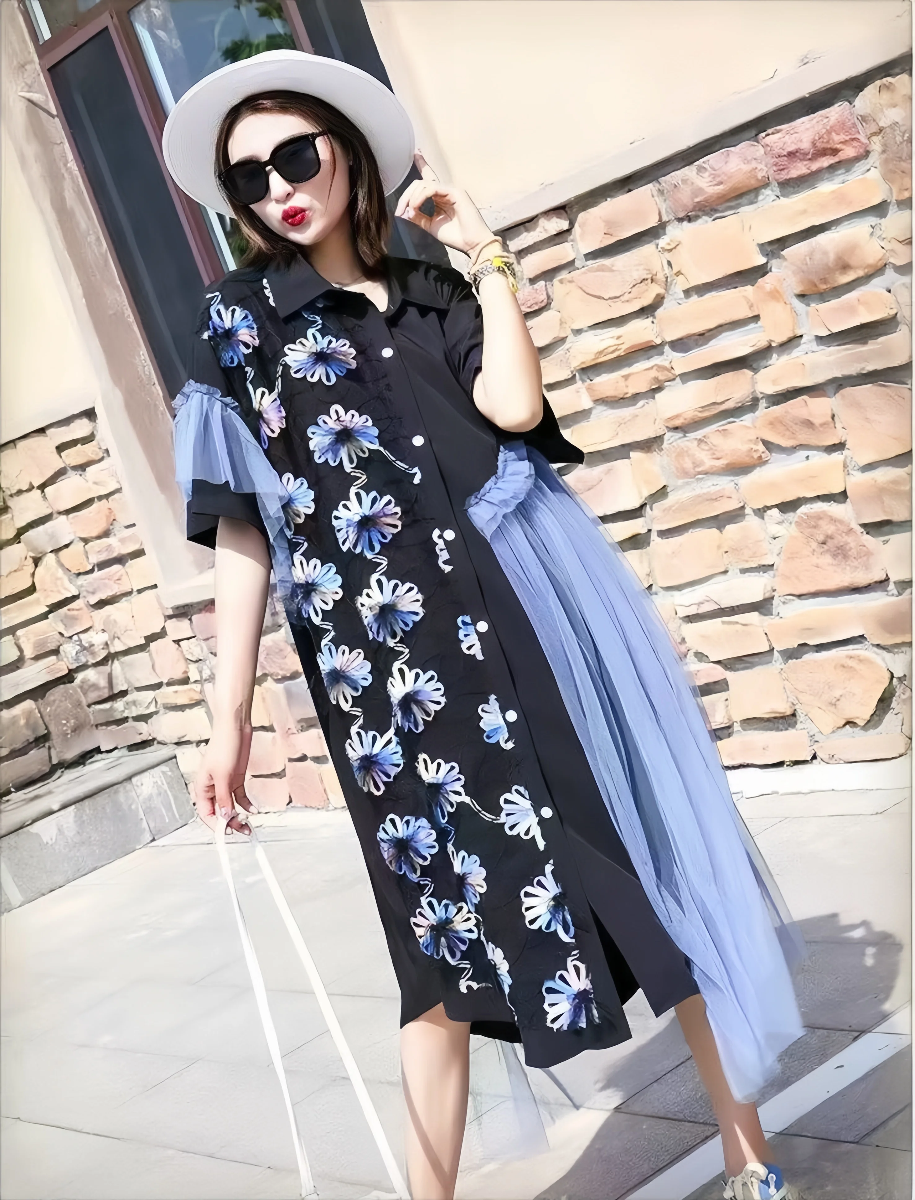 Plus Size European Style Summer Dress Loose Fit Slimming Embroidered Chiffon Sleeveless Irregular Color Block Women Dresses100kg