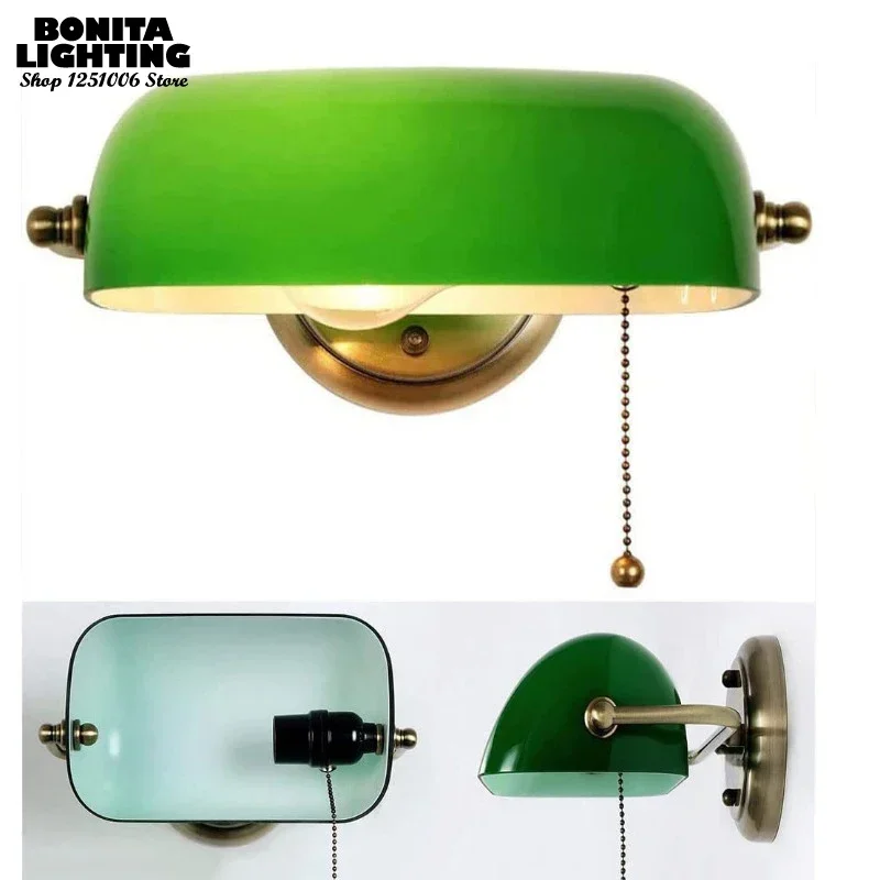 

Angle Adjustable Green Glass Ancient Copper Retro Wall Lamp with Zipper Switch Bedhead Reading Wall Light Restaurant Wall Sconce