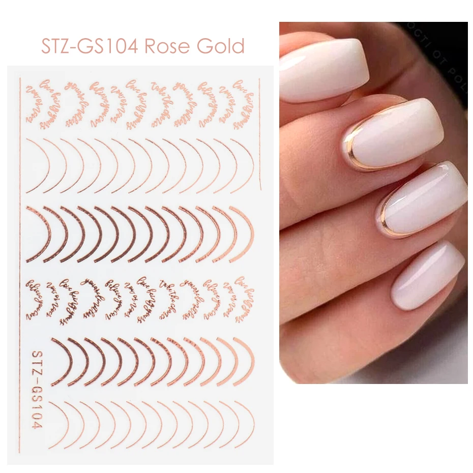 3D Eenvoudige Lijnen Nail Stickers Rose Gold Metal Streep Letters Decals Curve Gel Nagels Art Sliders Polish Manicure Decor BESTZGS014