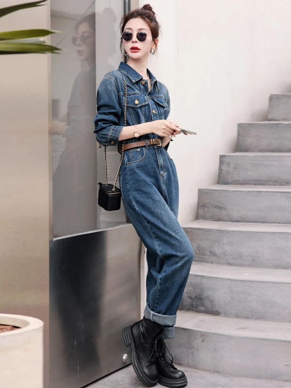 

Ретро джинсовый комбинезон женский, весенне-осенний, новая модная повседневная модель, свободный крой, с эффектом похудения, с высокой талией, цельный костюм, хлопковые рабочие брюки