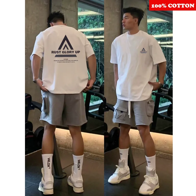 

American Brand Letter Print T-shirt Men Summer 2025 New 100% Cotton Short sleeves Street Gym Sports Tee Y2k Tops mens clothing