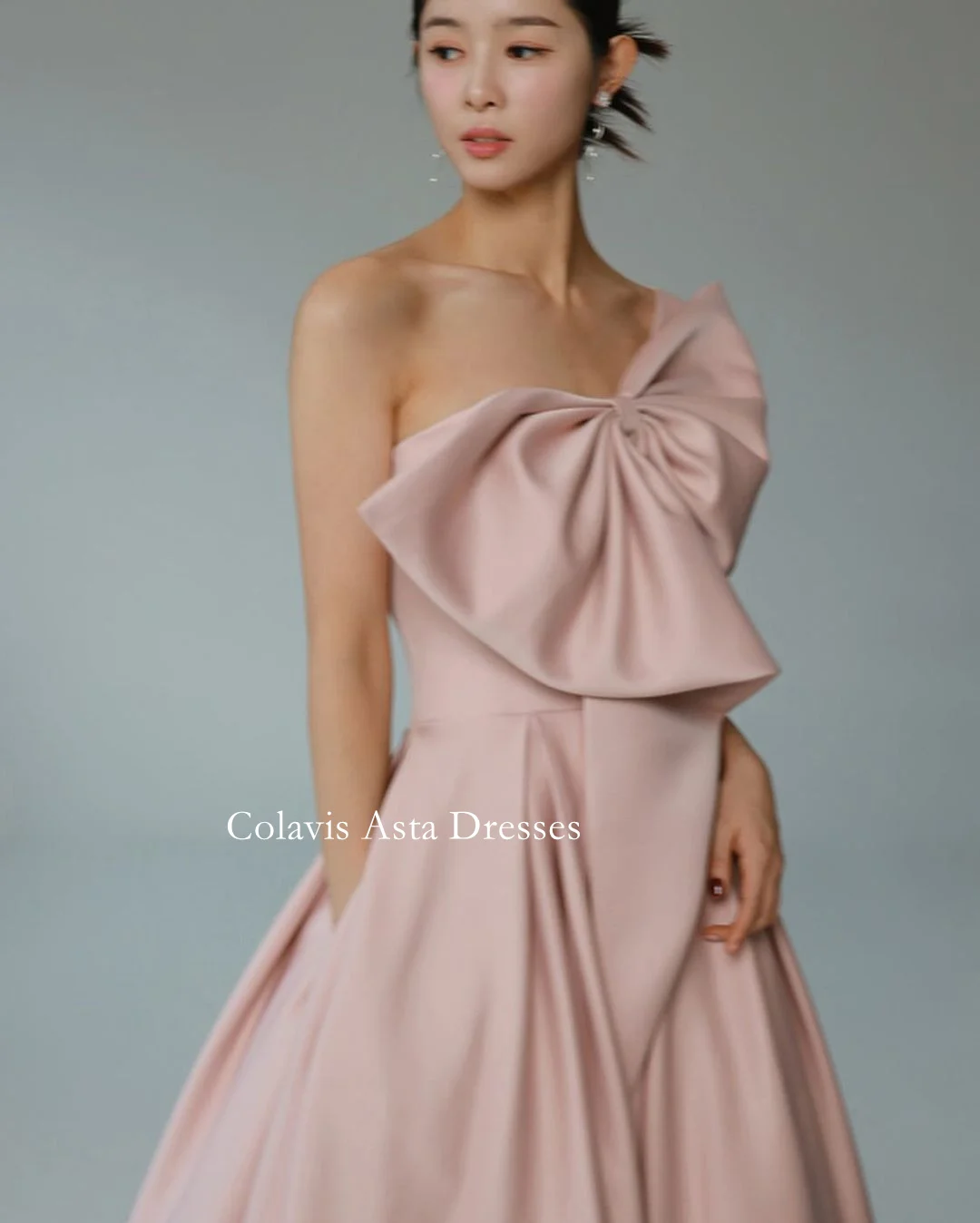 Colavis Asta Korea Strapless Elegant Simple Evening Dresses with Bow 웨딩드레스  Pink Satin Custom Made Mermaid Prom Gowns Plus Size