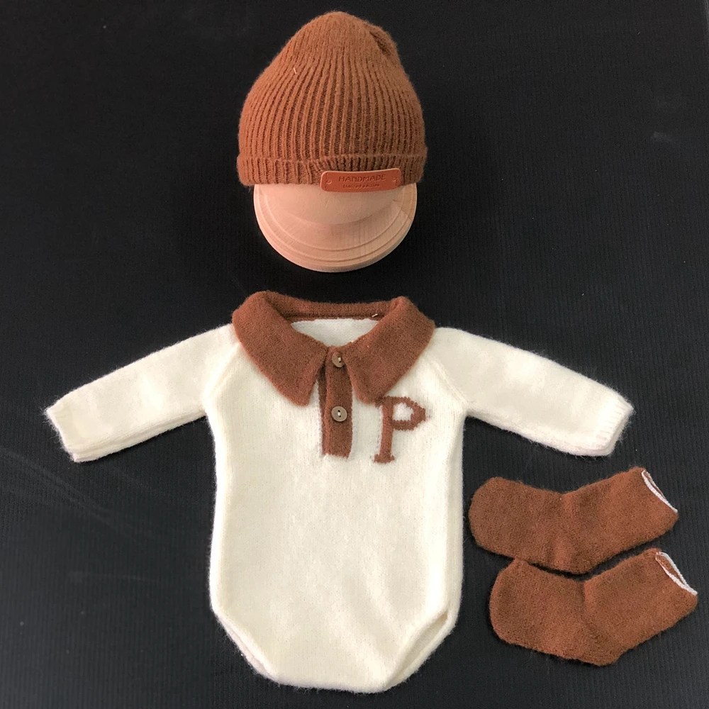 Knitted Baby Boy Jumpsuit with Hat Socks Newborn Photography Props Hand Newborn Boy Outfit Photo Baby Boy Costume Accessories