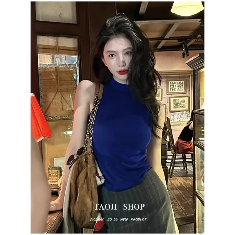 

Женский однотонный топ с воротником-халтером, облегающий, без рукавов, повседневный, укороченный