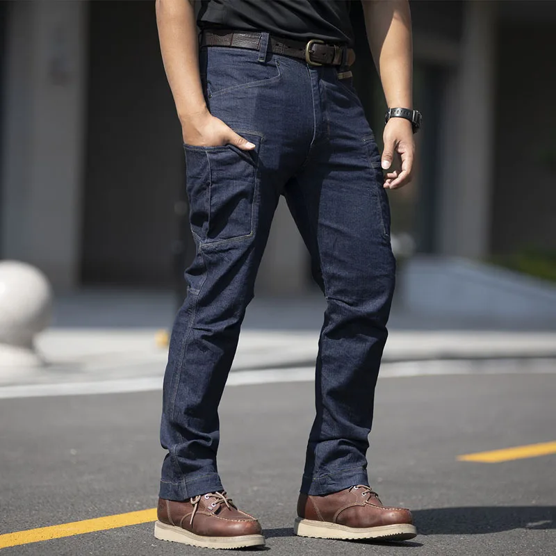 Elastyczność Cargo Jeans Mężczyźni Wodoodporne Odporne na zużycie spodnie taktyczne Mężczyźni Casual Multi-Pockets Solid Color Joggers Mens Pants