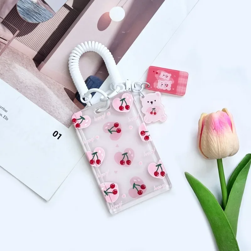 Sweet Chic Kpop Photocard Protector Kawaii Cartoon Bear Cherry ID Bus Card Holder Portable Lanyard Family Photo Card Holder Case