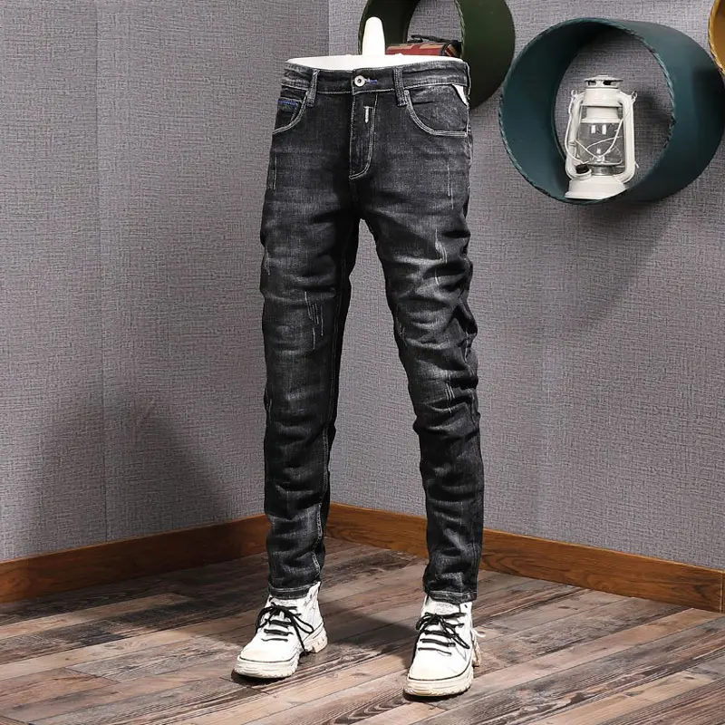 Italian Style Fashion Men Jeans Retro Black Gray Stretch Slim Fit Vintage Jeans Men Embroidery Designer Denim Pants Hombre