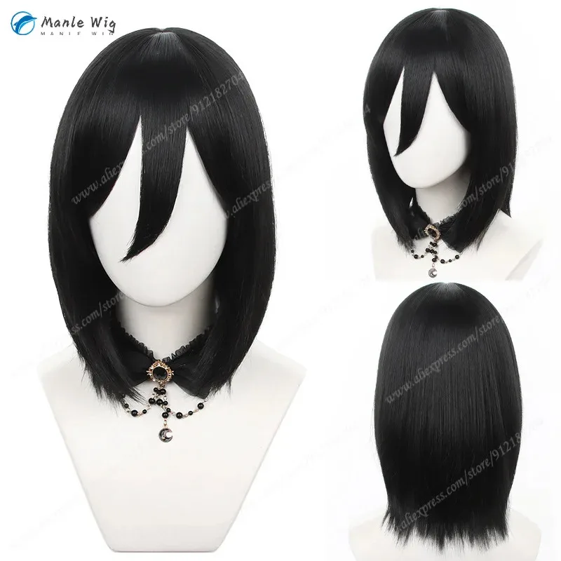 짧은 검은 가발 Mikasa Ackerman 애니메이션 코스프레 내열성 합성 머리 + 무료 가발 모자