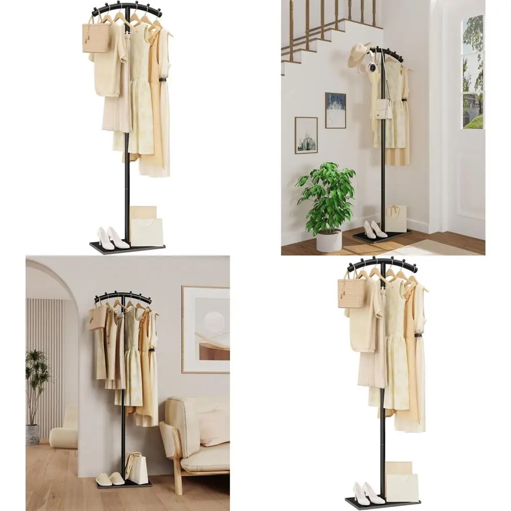 

Напольная металлическая вешалка-стойка Т-образной формы с основанием из натурального камня, 68,9 дюймов, черная, идеально подходит для верхней одежды и аксессуаров