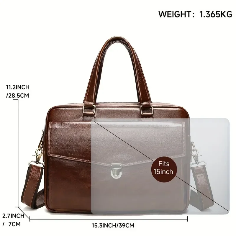 Men’s Top Grain Cowhide Leather Briefcase, Genuine Business Travel Laptop Bag, Large Capacity Handbag
