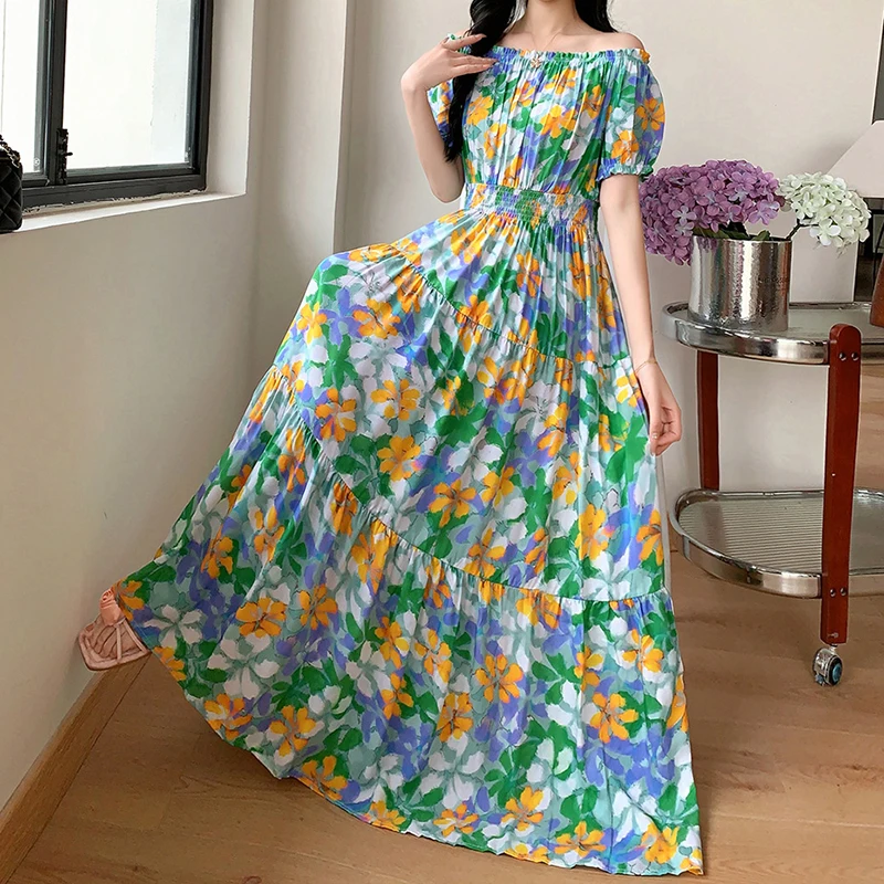 Abito estivo con scollo a barchetta per donna Abito floreale sottile Abiti lunghi Boho Abiti indiani bohémien Abiti casual alla moda coreana