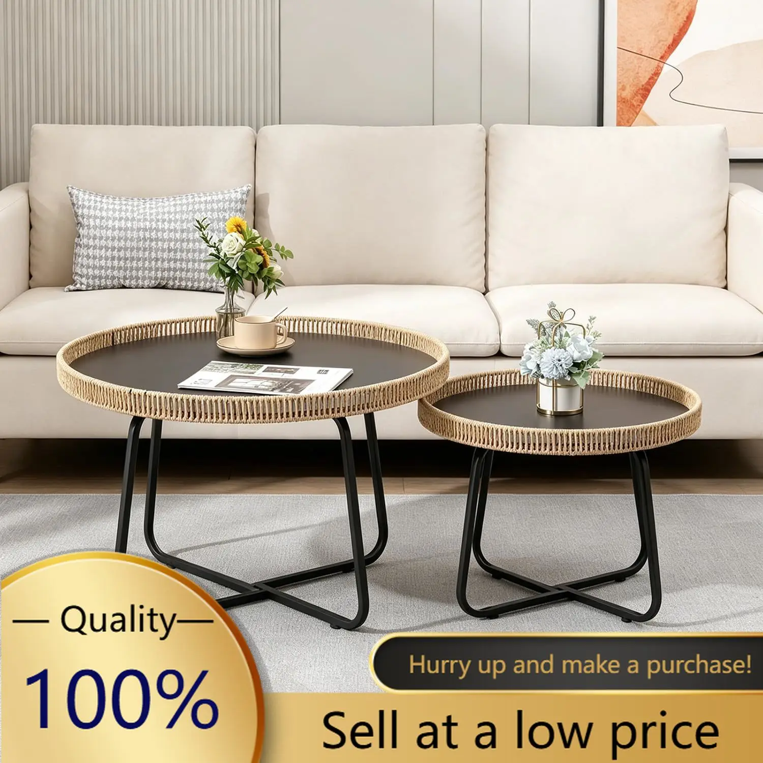 Nesting Side Coffee Table Set Round Wicker
