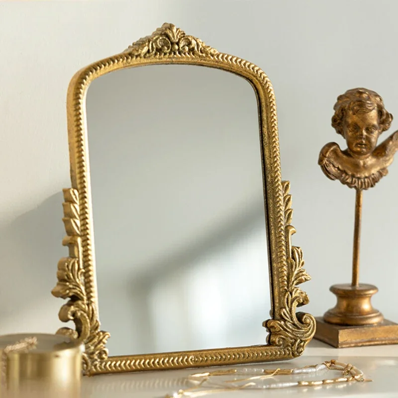 Decoración de mesa francesa Retro, espejo de tocador para sala de estar, espejo decorativo para colgar en la pared, mesa tallada