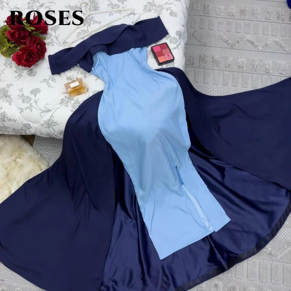 

ROSES Blue Evening Dress Off the Shoulder Satin Formal Occasion Dress Pleats Trumpet Party Dresses with Side Split Customized