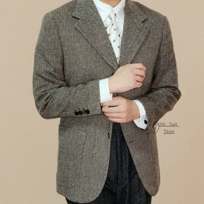 سترة بدلة رجالية باللون الأسود والرمادي مع نمط متعرج واحد الصدر بريطاني للأناقة الخارجية سترة تويد للرجال معاطف