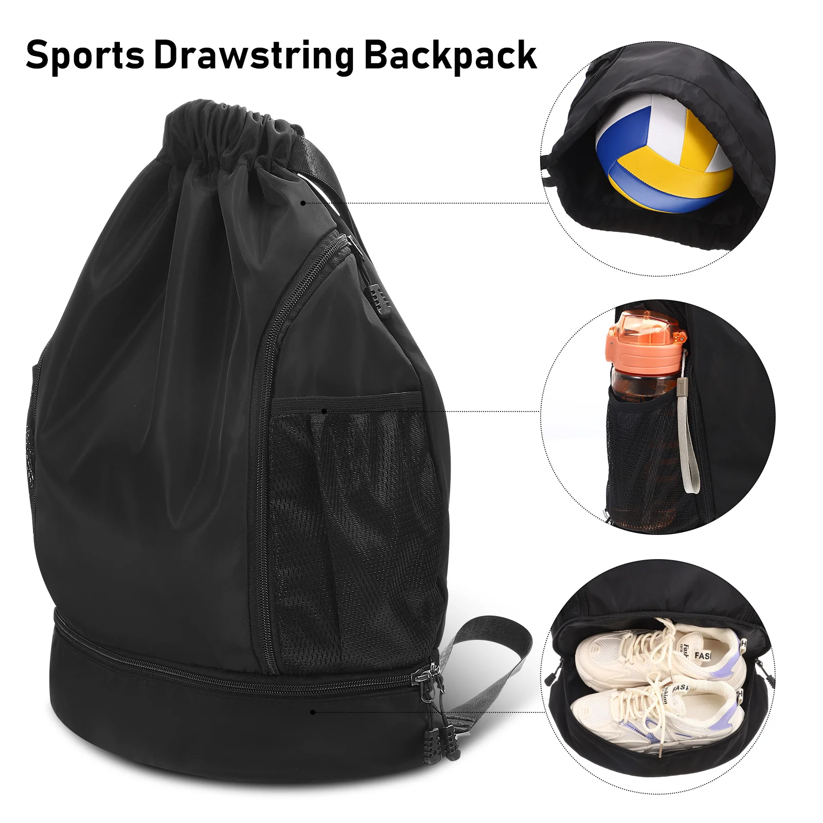 

Drawstring Basketball Backpack Lightweight Oxford Cloth Sports Bag with Separate Shoe Compartment for Gym Training Outdoor