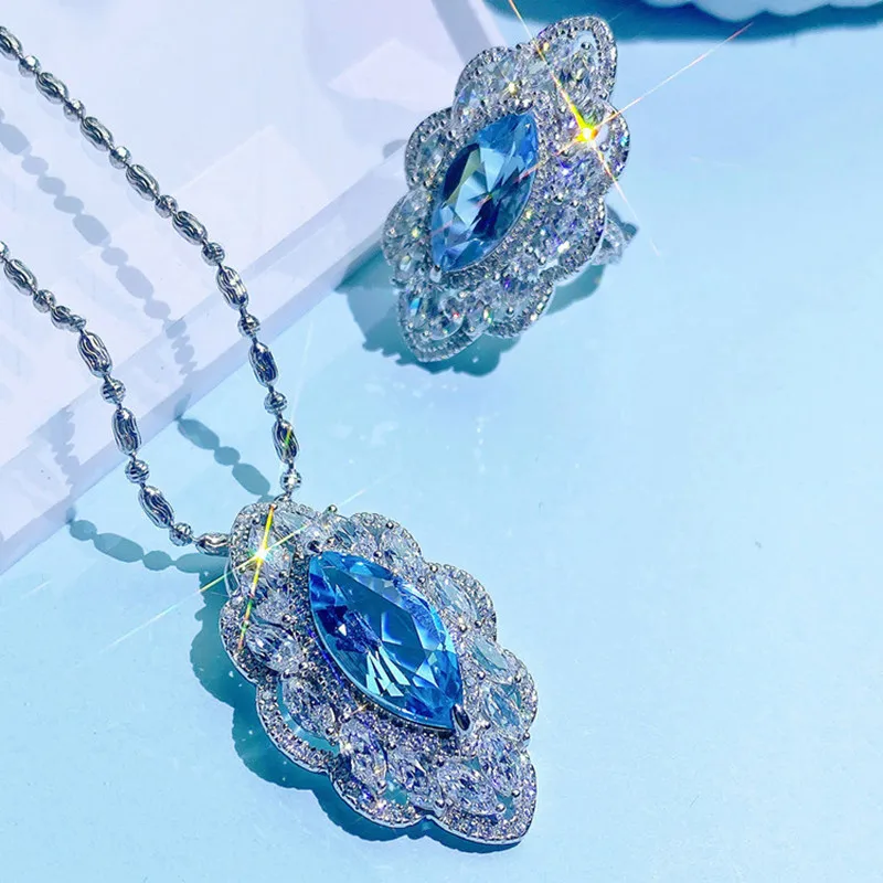 

DIY accessories Haute couture design heavy industry inlaid horse eye shape high carbon diamond aquamarine topaz necklace ring se
